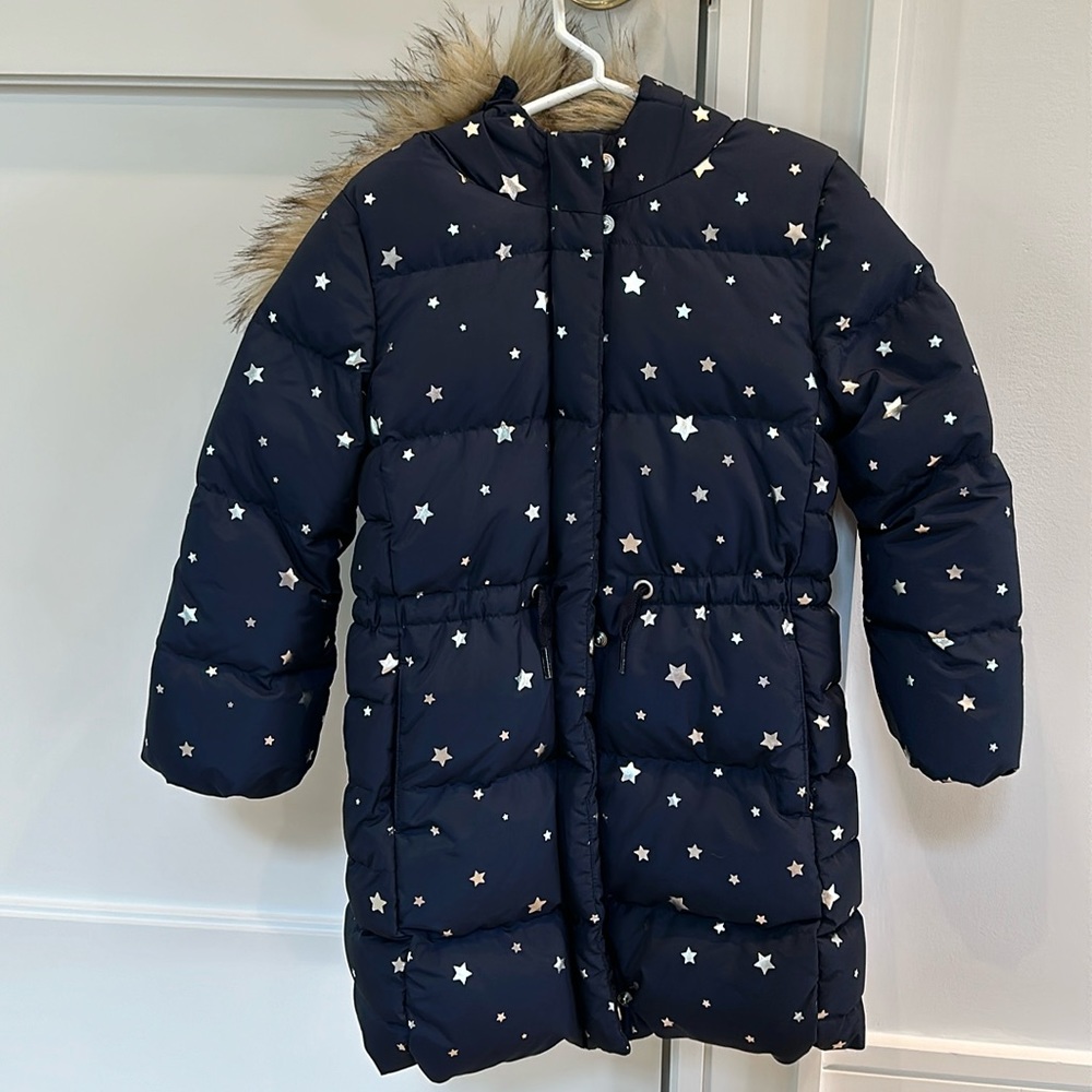 Girls Hooded Size 5 GAP Parka Navy with Silver Stars Fur Hood